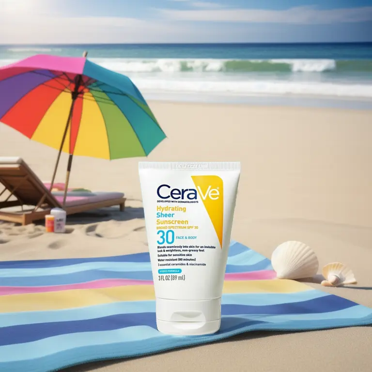 closeup of sunscreen on a mattress, in a sunny beach