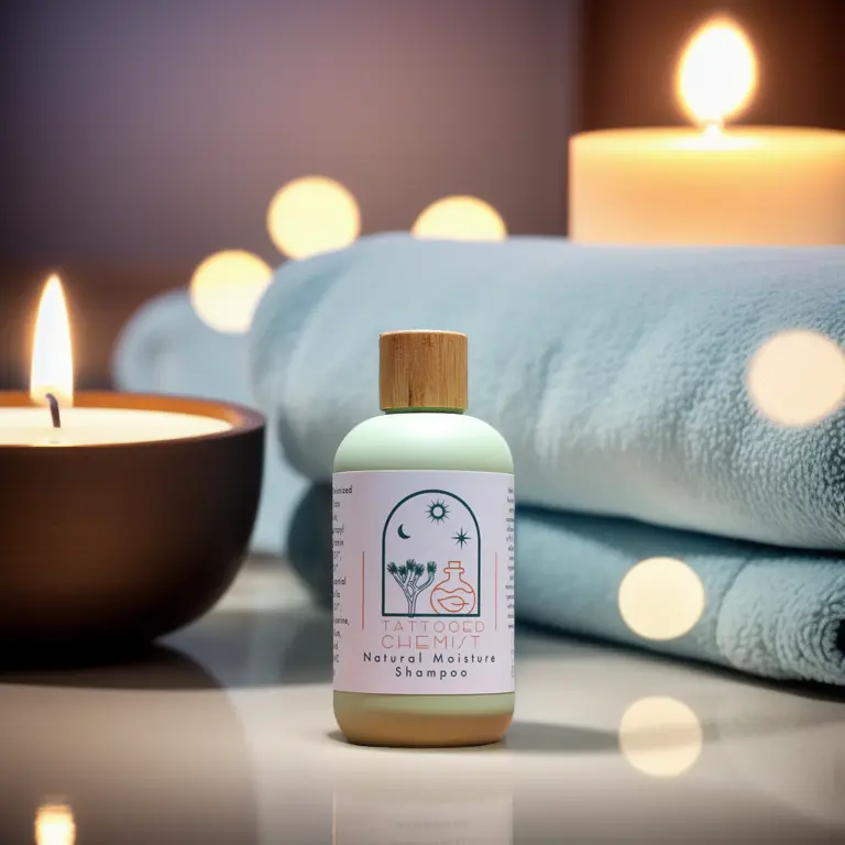 a shampoo bottlr beside a towel, diwali lights in the background, bokeh
