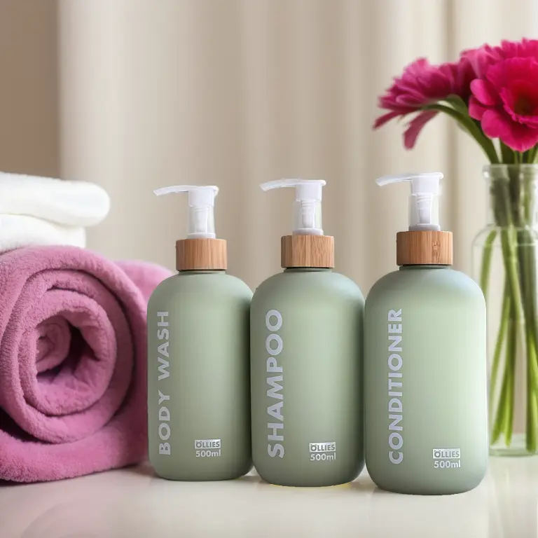shampoo bottles, towel and flower in the background shampoo bottles, towel and flower in the background
