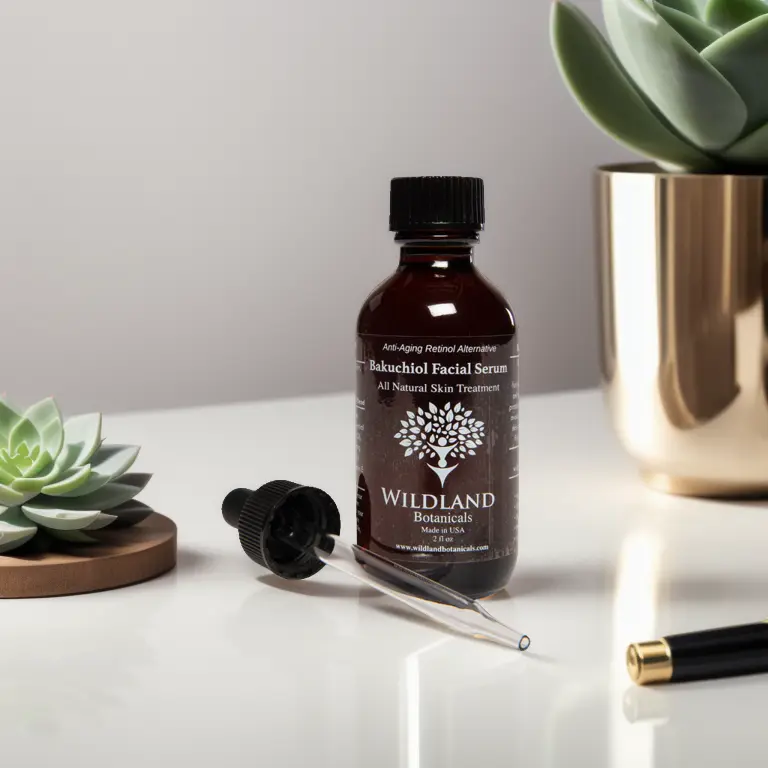 serum bottle with a dropper, on white table, with a plant in the background